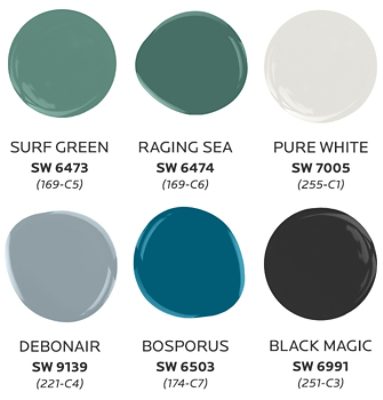 from left to right swatches of paint colors: Surf Green, Raging Sea, Pure White, Debonair, Bosporus, Black Magic.
