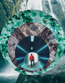The image for the 2020 trend forecast, OWN,  shows a background image of a lush waterfall is layered with four increasingly smaller circles that depict a microscopic view, a top-down view of a city block, a dark tunnel with teal green neon lights, and a person in a red jacket viewing a waterfall