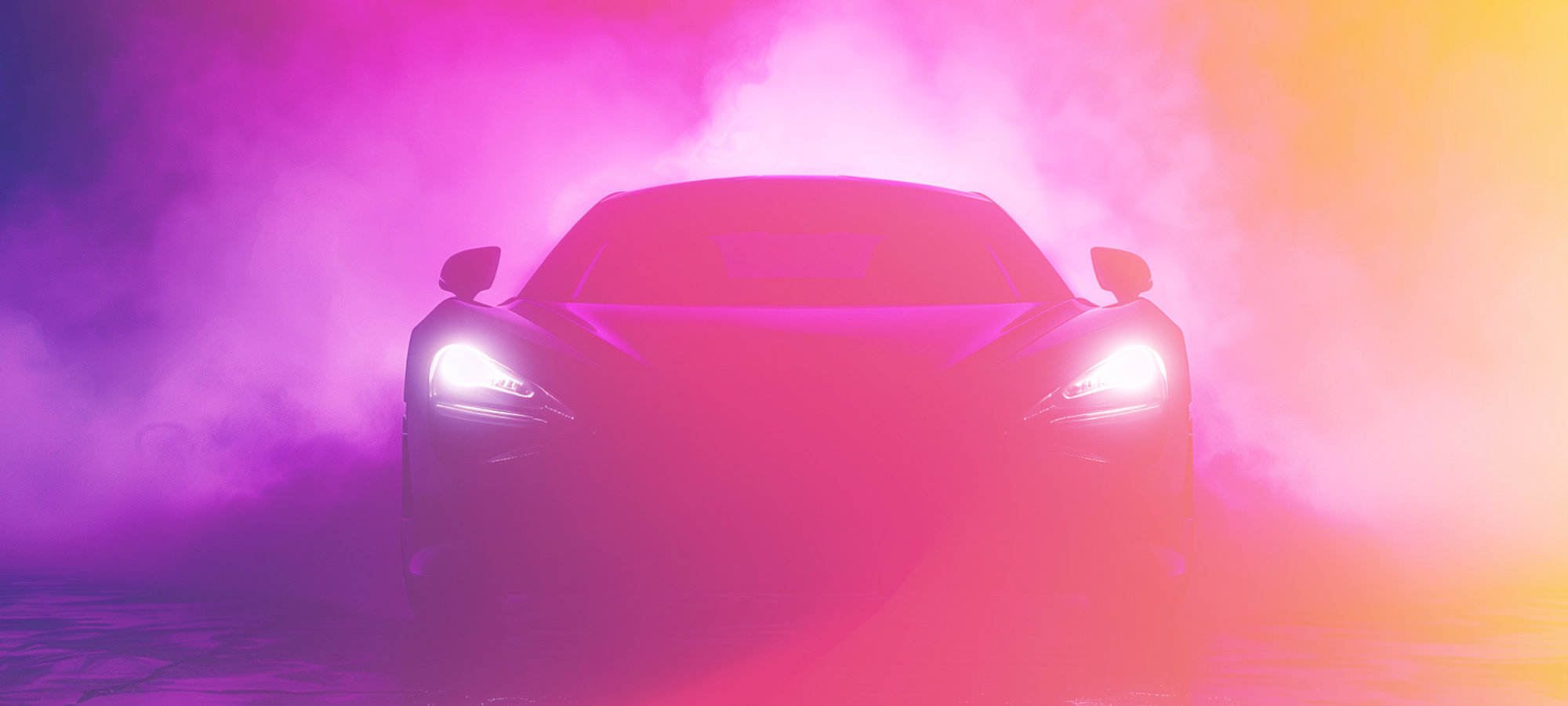 Hyper car driving out of light with smoke particles in the background