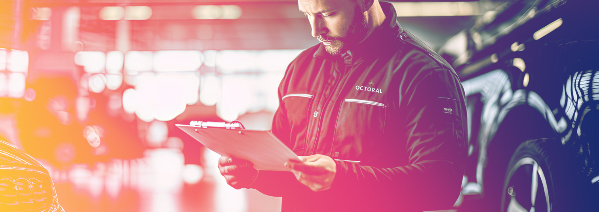 Auto mechanic with clipboard to start certification for body shop