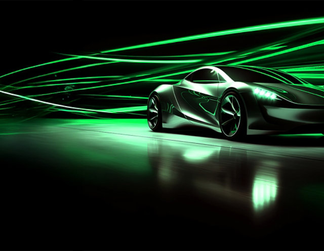Car with green particles driving through a black tunnel