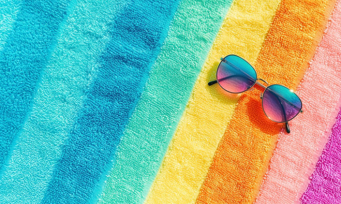 Sunglasses on a rainbox coloured towel