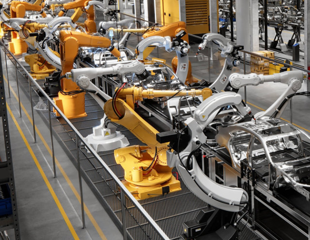 EV Battery manufacturing line with robotic arms manufacturing EV cars