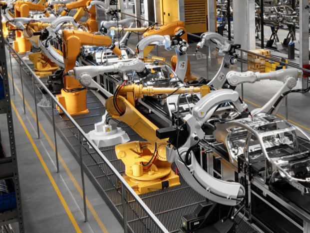 EV Battery manufacturing line with robotic arms manufacturing EV cars