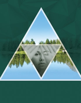 The image for the 2021 trend forecast, Perspectives, shows an upside-down triangle with a black-and-white photo of a woman peering through her fingers in layered over a triangle filled with a photo of a tree line reflected in a still lake, which fades into the background outside of the triangle with a textured, green pattern