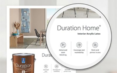 A product information sheet for Duration Home Interior Acrylic Latex paint.