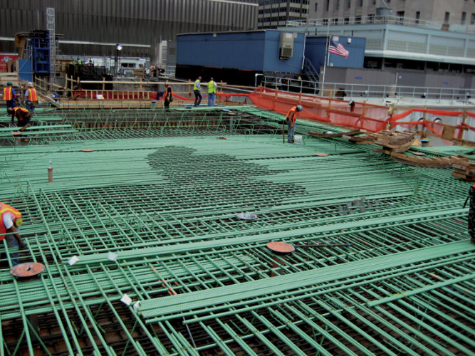 Construction site installing rebar.