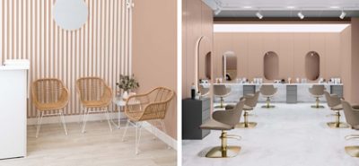 A salon waiting area with wicker chairs, white counter and circular mirror. A salon with white floors, brass and gold salon chairs and walls in Redend Point SW 9081 (195-C4).