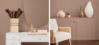 (left) redend point walls with a white desk and wooden decor (right) redend point wall and cabinet with neutral decor and chair.