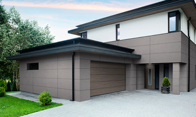 Retouched application image of a modern home exterior featuring Sherwin-Williams Emulate Metal Hammered pattern panels in the Iron Ore colorway 
