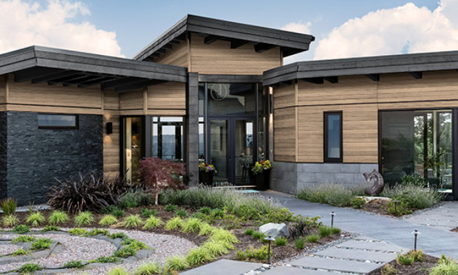 Retouched application image of a modern house featuring Sherwin-Williams Emulate Wood Oak pattern panels in the Wheat colorway 