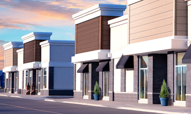 Retouched application image of storefronts featuring Sherwin-Williams Emulate Wood Walnut pattern in Bleached, Cognac, and Espresso colorways