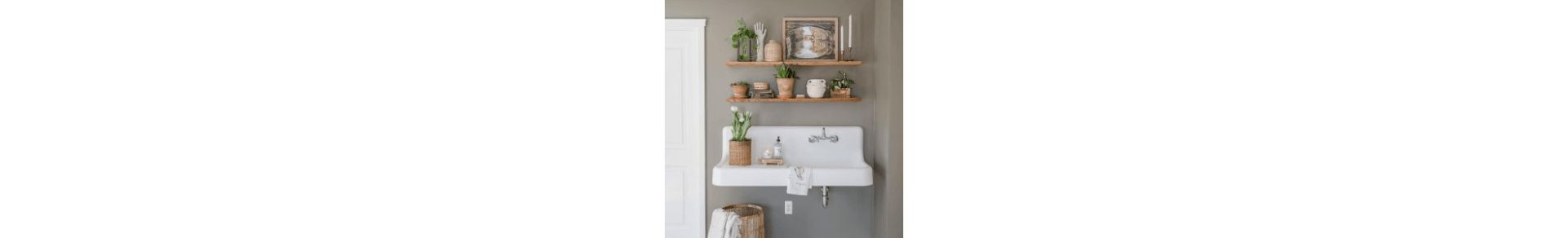 A bathroom sink mounted to a wall painted beige with two open shelves above with various green plants and neutral accents.