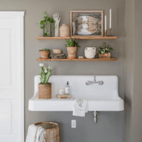 A bathroom sink mounted to a wall painted beige with two open shelves above with various green plants and neutral accents.