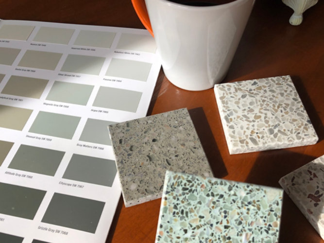 terrazzo samples and color card on desk