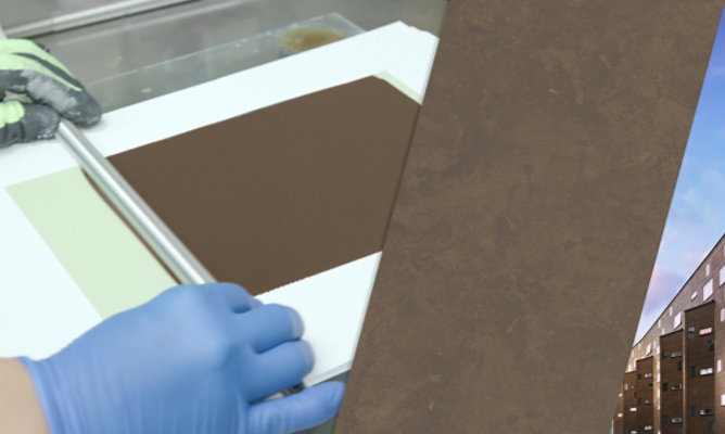 Photo collage of a coating being applied to a metal panel, a textured brown color swatch, and the brown color applied to exterior metal building panels