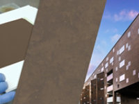 Photo collage of a coating being applied to a metal panel, a textured brown color swatch, and the brown color applied to exterior metal building panels