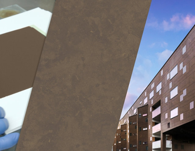 Photo collage of a coating being applied to a metal panel, a textured brown color swatch, and the brown color applied to exterior metal building panels