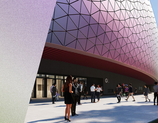 Photo collage of a selection of Kameleon sample chips, an iridescent pearl color swatch, and the Kameleon product applied to the Kai Tak Sports Park roof in Hong Kong, China.