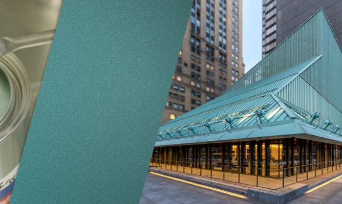 Photo collage of chemicals being mixed into a coating, a textured green color swatch, and the green color applied to the Stavros Niarchos New York City Public Library roof.