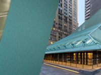 Photo collage of chemicals being mixed into a coating, a textured green color swatch, and the green color applied to the Stavros Niarchos New York City Public Library roof.