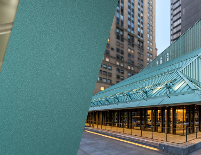 Photo collage of chemicals being mixed into a coating, a textured green color swatch, and the green color applied to the Stavros Niarchos New York City Public Library roof.