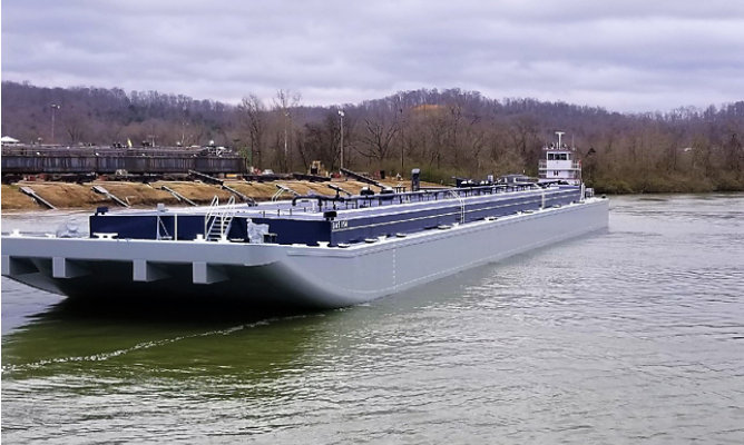 An inland barge on a river