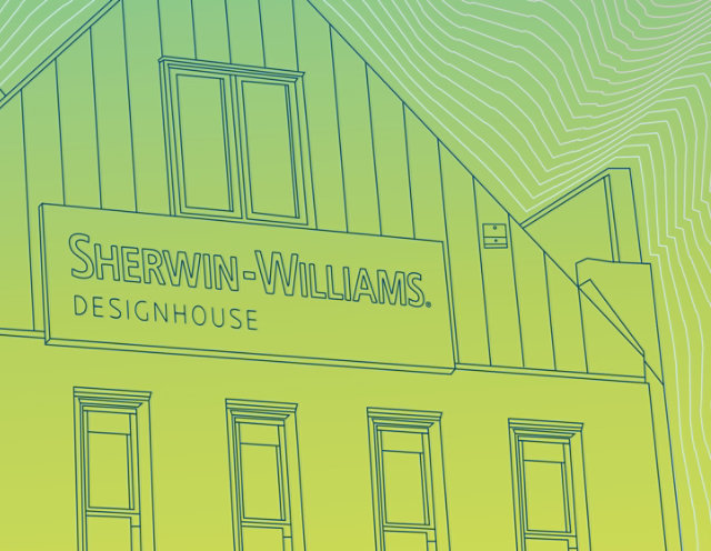 Line-art illustration of the Sherwin-Williams DesignHouse building based in Minneapolis in green tones.