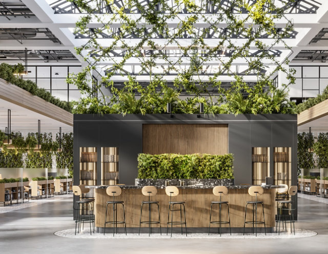 wooden bar with greenery