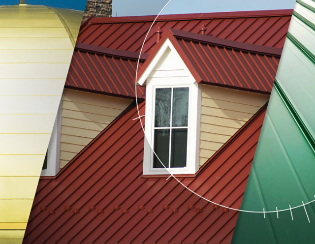 Collage of 3 roofs; a gold metal dome, a red metal roof, and a close up of green roofing panels