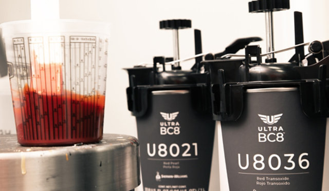 A selection of Ultra BC8 products displayed next to the weighing scale in a bodyshop