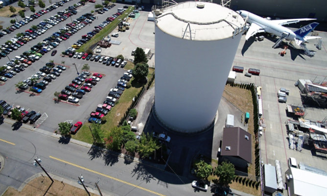 Aerial view of Paine Field water tank at in Everett, Washington