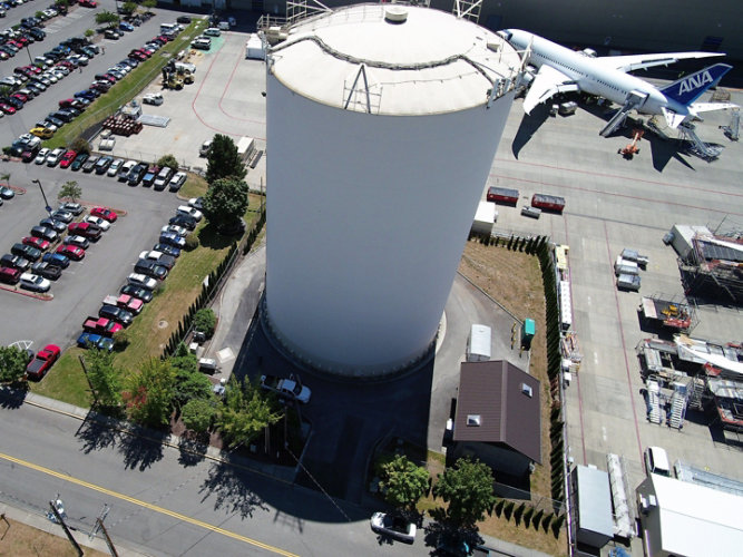 Aerial view of water tank at Paine Field in Everett, Washington