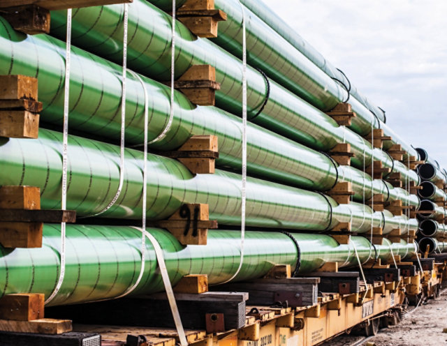 Pipelines stacked on rail car