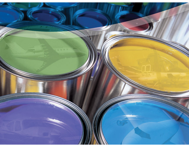 reflection of airplanes in Sherwin-Williams paint cans