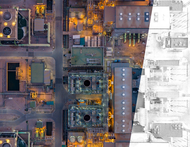 Aerial view power plant station thermal power plant at night, High voltage electrical power plant factory energy, Combine cycle station high voltage industry factory, Business power and energy.