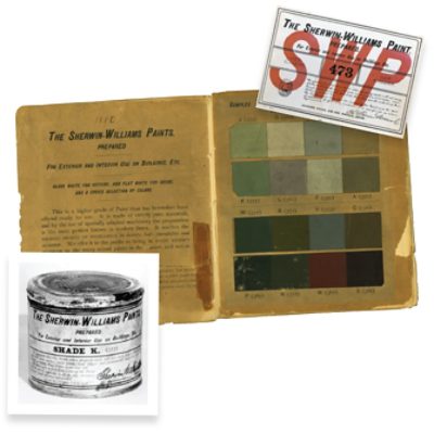 Historic photos of a can of Sherwin-Williams paint, a Sherwin-Williams paint color brochure, and label.