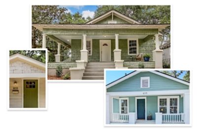 Home exteriors in the bungalow or Arts and Crafts style with deep porches, prominent columns, and fresh coats of Sherwin-Williams paints.