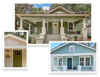 Home exteriors in the bungalow or Arts and Crafts style with deep porches, prominent columns, and fresh coats of Sherwin-Williams paints.