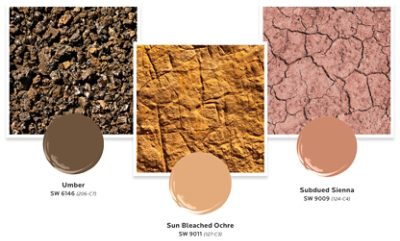 Paint dollop graphics of Sherwin-Williams Umber, Sun Bleached Ochre, and Subdued Sienna paired with photos of these colors in their natural raw-earth states.