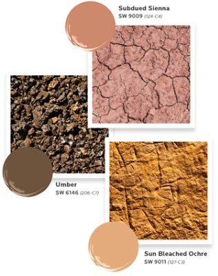 Paint dollop graphics of Sherwin-Williams Umber, Sun Bleached Ochre, and Subdued Sienna paired with photos of these colors in their natural raw-earth states.