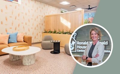 Lounge areas within the Ronald McDonald House Cambridge with light colors, patterned wallpaper, and a large bank of windows in the background with an inset headshot of designer Brandy Holden.