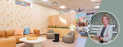 Lounge areas within the Ronald McDonald House Cambridge with light colors, patterned wallpaper, and a large bank of windows in the background with an inset headshot of designer Brandy Holden.