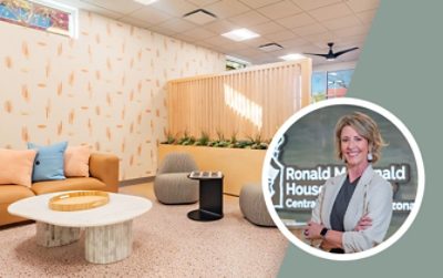 Lounge areas within the Ronald McDonald House Cambridge with light colors, patterned wallpaper, and a large bank of windows in the background with an inset headshot of designer Brandy Holden.