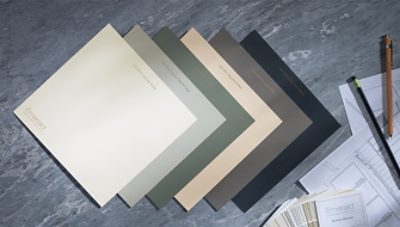 Flat lay of peel & stick paint samples, materials, and decorative elements to complement the colors in the Christian Siriano x Sherwin-Williams Color Collection.