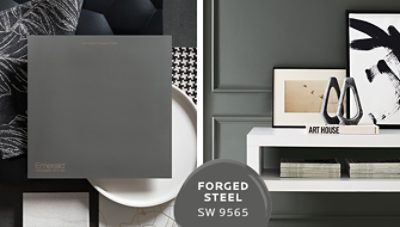 Inspirational mood board featuring the dark gray color of Forged Steel, next to a photo of a white accent table with modern artwork in front of a Forged Steel wall.