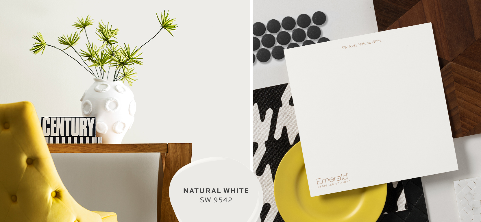Detail shot of modern wooden table with yellow tufted chair, white vase filled with greenery in front of a Natural White wall; an inspirational mood board using Natural White.