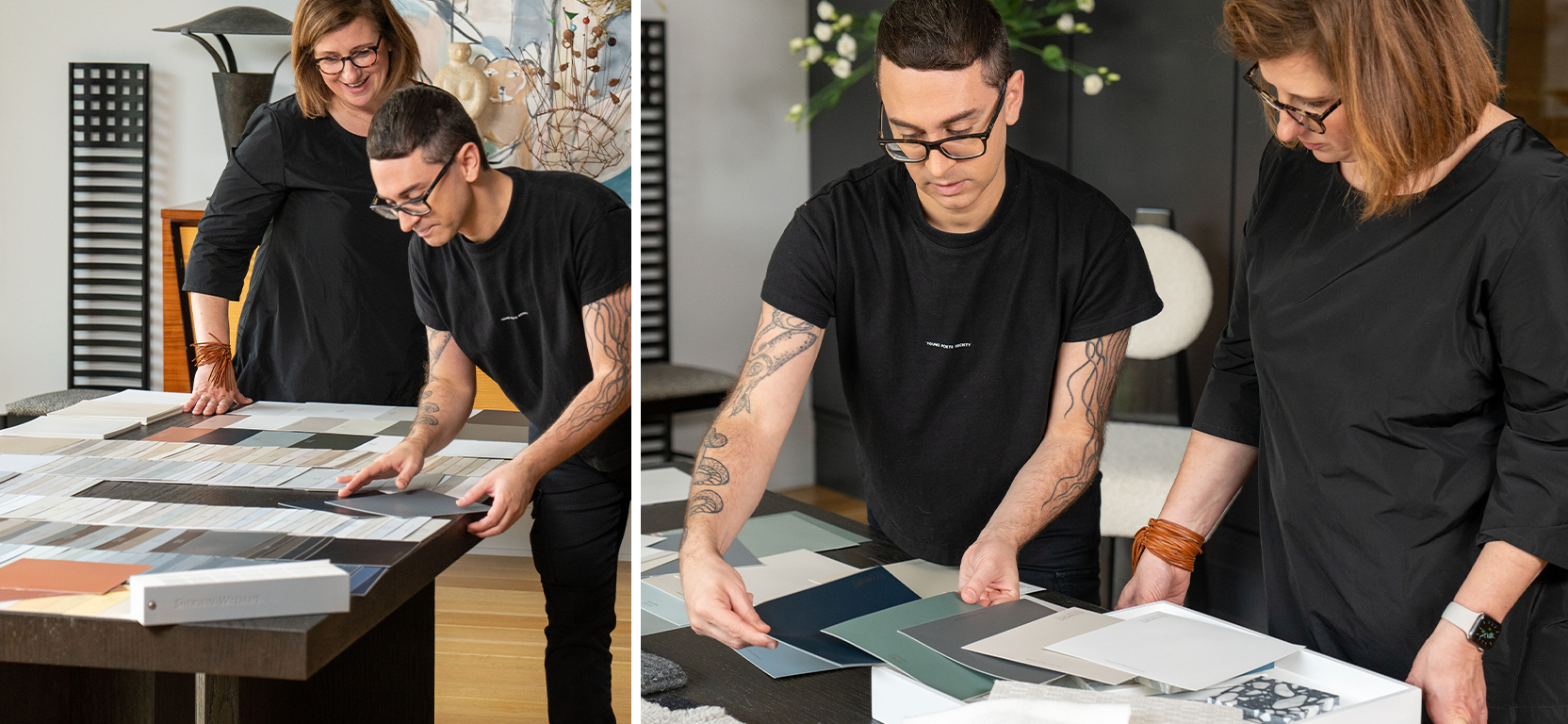 Sue Wadden and Christian Siriano bent over a large wooden table scattered with Sherwin-Williams paint samples, choosing colors for the new collection.