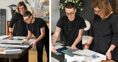 Sue Wadden and Christian Siriano bent over a large wooden table scattered with Sherwin-Williams paint samples, choosing colors for the new collection.