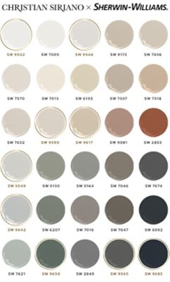 Illustration of 30 paint dollops, each a color from the Christian Siriano x Sherwin-Williams Color Collection.